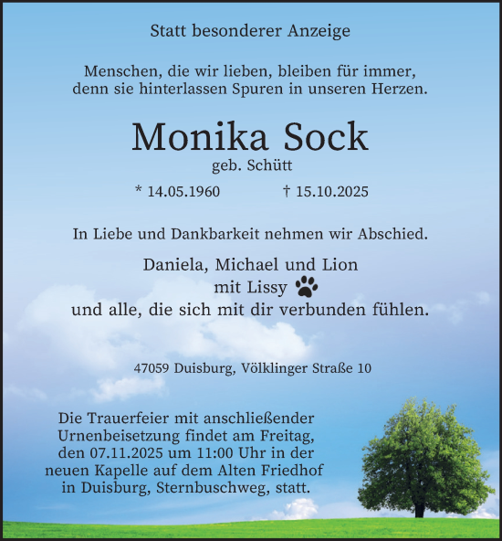 Traueranzeige von Monika Sock von Tageszeitung