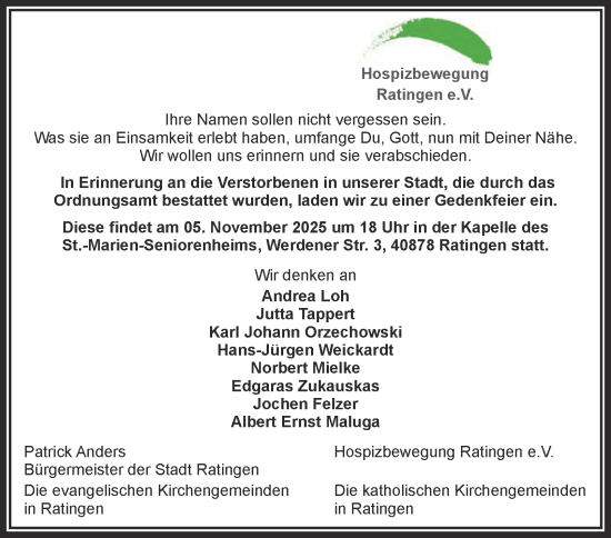 Traueranzeige von Nachruf Hospizbewegung Ratingen e.V. von Tageszeitung