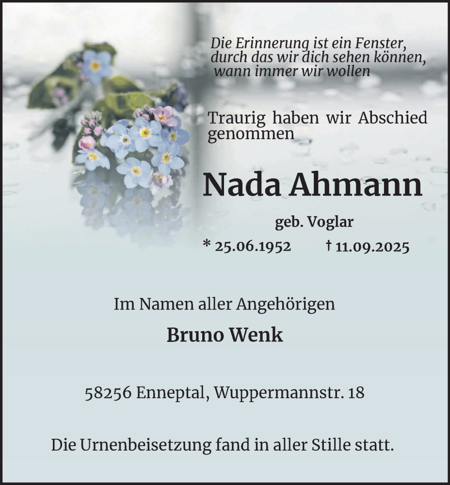  Traueranzeige für Nada Ahmann vom 18.10.2025 aus Tageszeitung