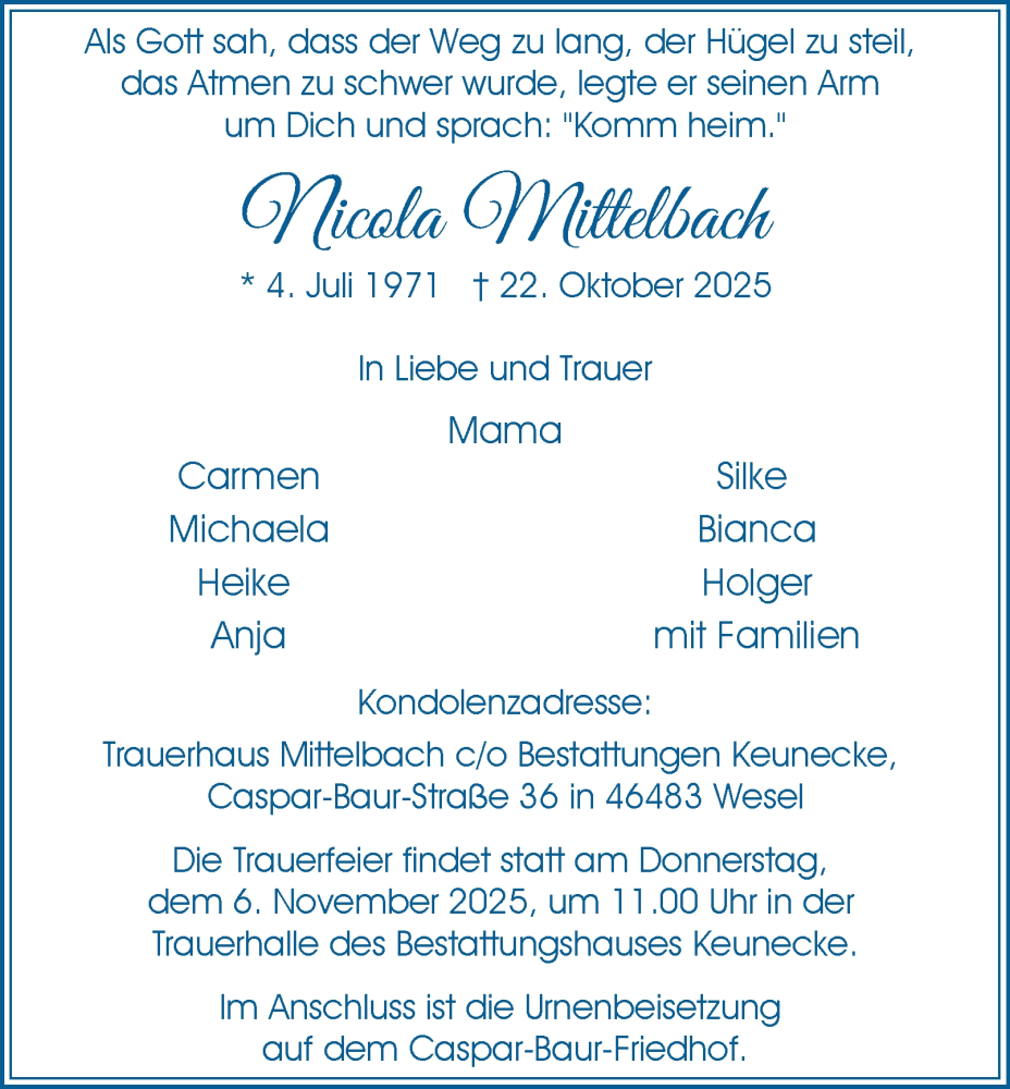  Traueranzeige für Nicola Mittelbach vom 30.10.2025 aus Tageszeitung