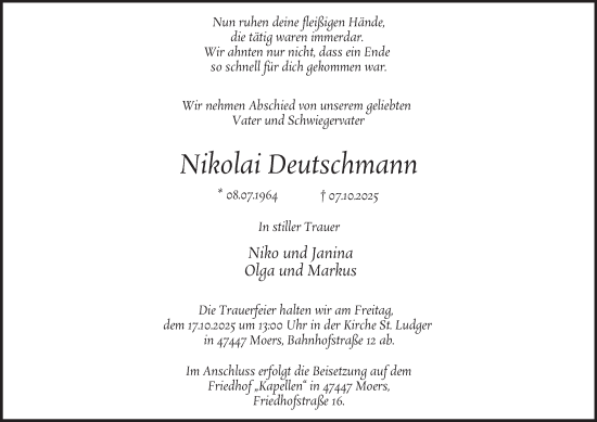 Traueranzeige von Nikolai Deutschmann von Tageszeitung