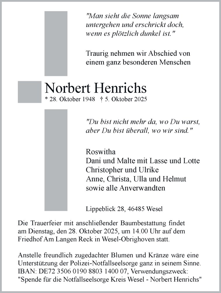  Traueranzeige für Norbert Henrichs vom 22.10.2025 aus Tageszeitung