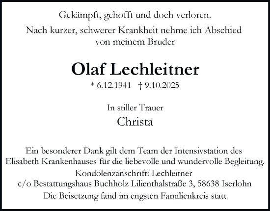 Traueranzeige von Olaf Lechleitner von Tageszeitung
