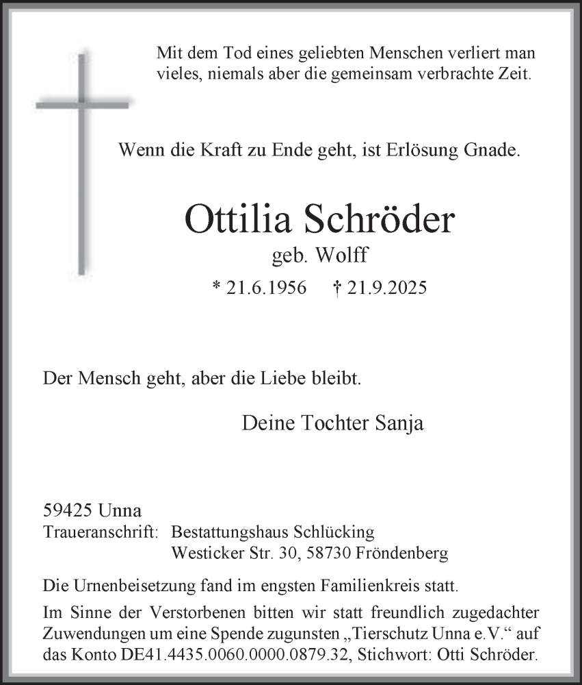  Traueranzeige für Ottilia Schröder vom 04.10.2025 aus Tageszeitung
