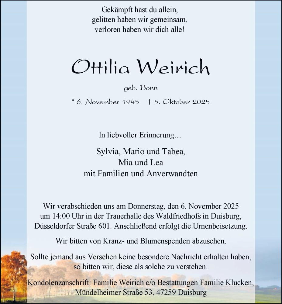  Traueranzeige für Ottilia Weirich vom 18.10.2025 aus Tageszeitung