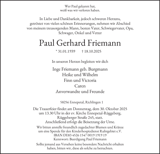 Traueranzeige von Paul Gerhard Friemann von Tageszeitung