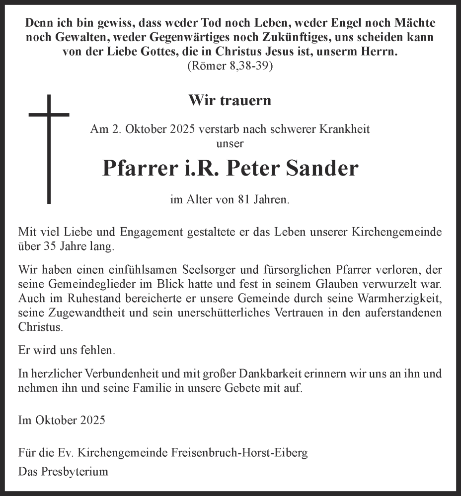  Traueranzeige für Peter Sander vom 11.10.2025 aus Tageszeitung