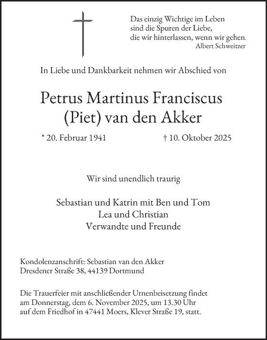 Traueranzeige von Petrus Martinus Franciscus van den Akker von Tageszeitung