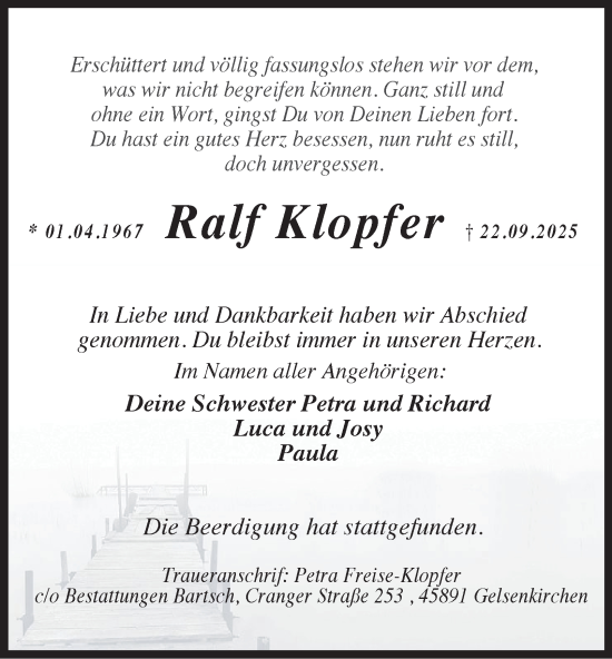 Traueranzeige von Ralf Klopfer von Tageszeitung