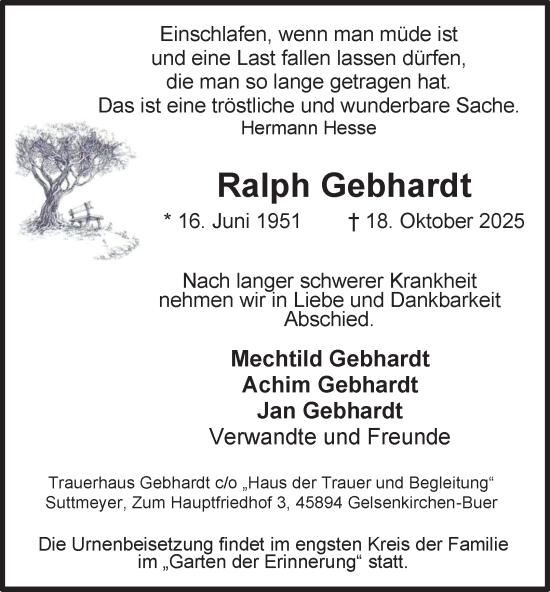 Traueranzeige von Ralph Gebhardt von Tageszeitung