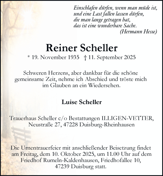 Traueranzeige von Reiner Scheller von Tageszeitung