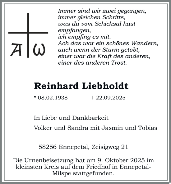 Traueranzeige von Reinhard Liebholdt von Tageszeitung
