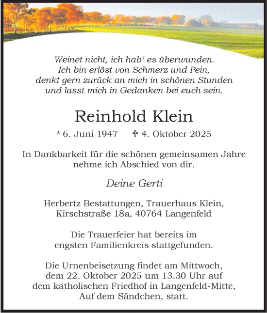 Traueranzeige von Reinhold Klein von Tageszeitung