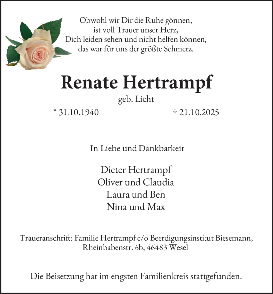 Traueranzeige von Renate Hertrampf von Tageszeitung