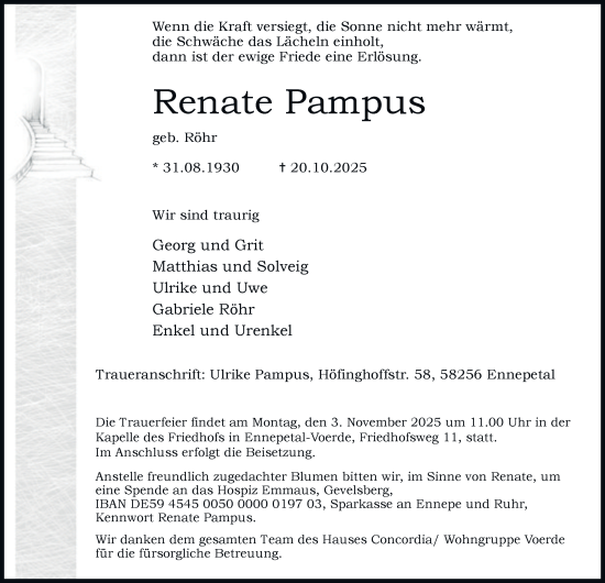 Traueranzeige von Renate Pampus von Tageszeitung