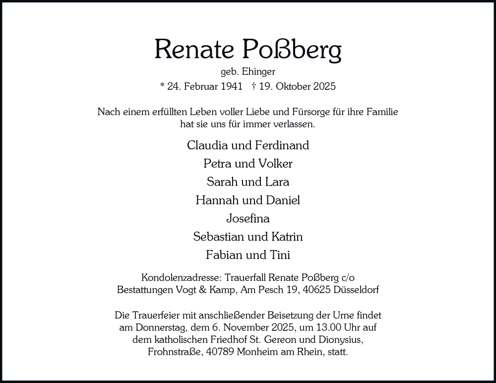  Traueranzeige für Renate Poßberg vom 25.10.2025 aus Tageszeitung