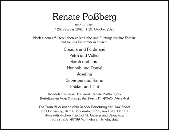 Traueranzeige von Renate Poßberg von Tageszeitung