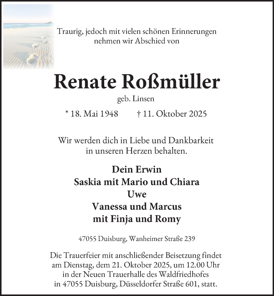  Traueranzeige für Renate Roßmüller vom 18.10.2025 aus Tageszeitung