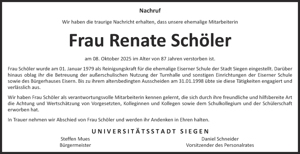  Traueranzeige für Renate Schöler vom 30.10.2025 aus Tageszeitung