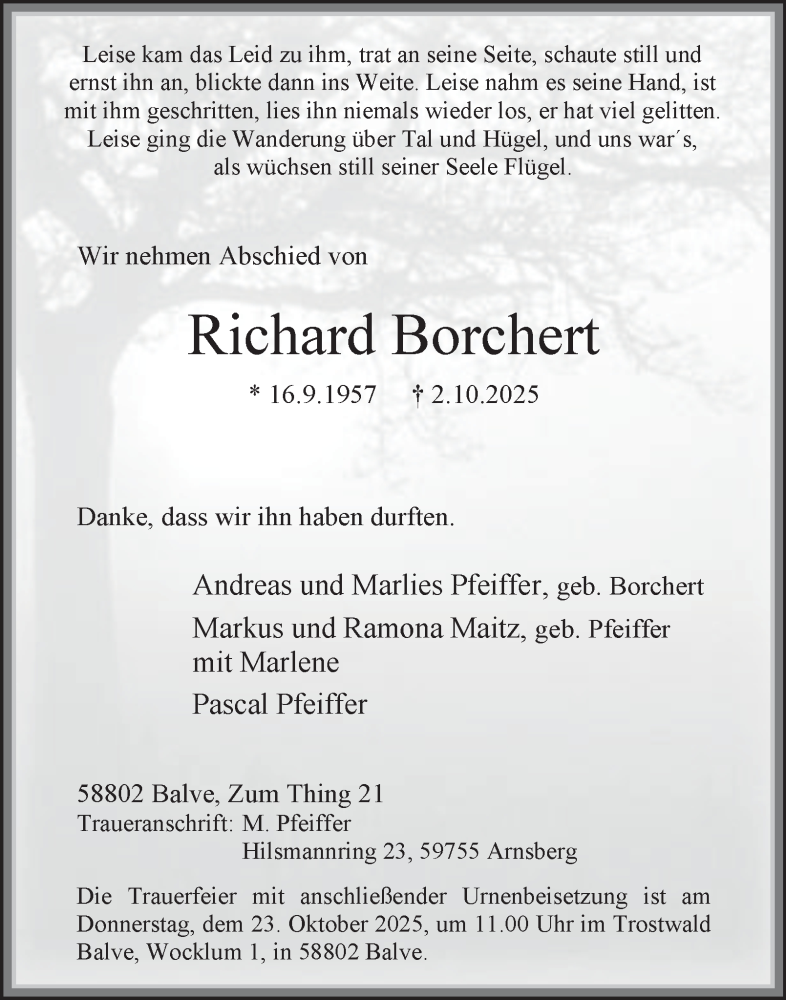 Traueranzeige für Richard Borchert vom 11.10.2025 aus Tageszeitung