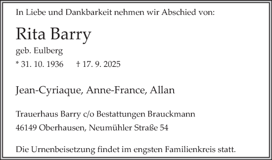 Traueranzeige von Rita Barry von Tageszeitung