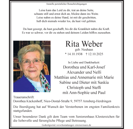 Traueranzeige von Rita Weber von Tageszeitung