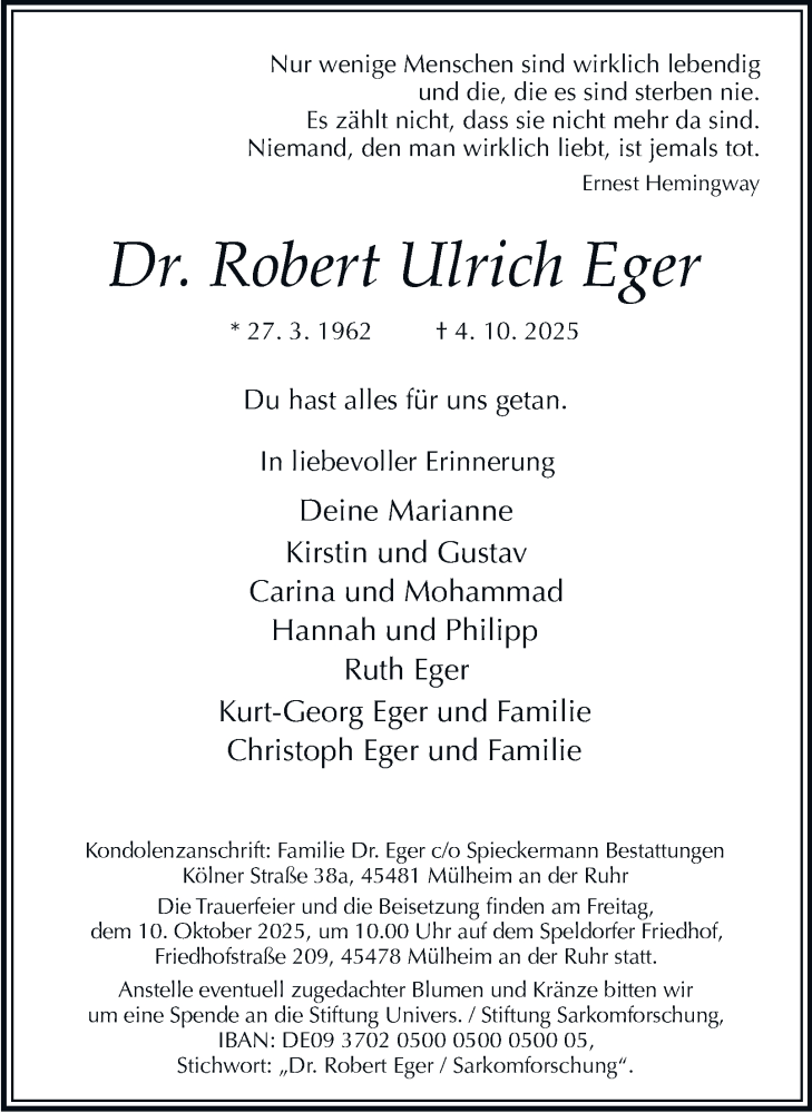  Traueranzeige für Robert Ulrich Eger vom 08.10.2025 aus Tageszeitung