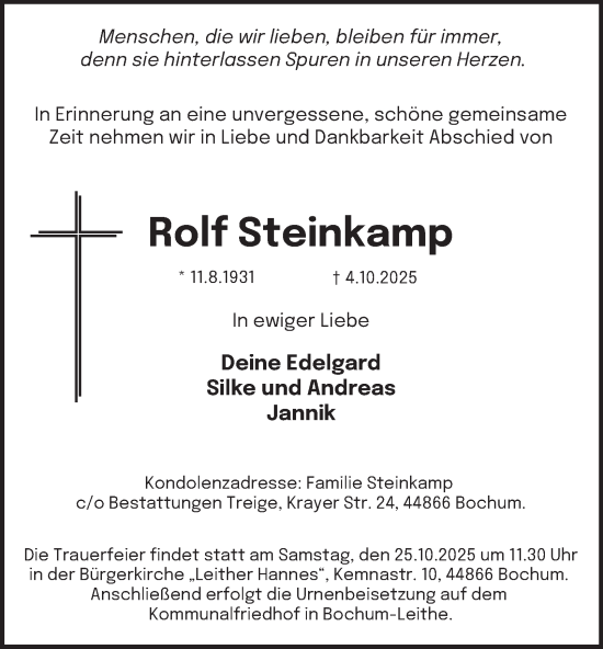 Traueranzeige von Rolf Steinkamp von Tageszeitung