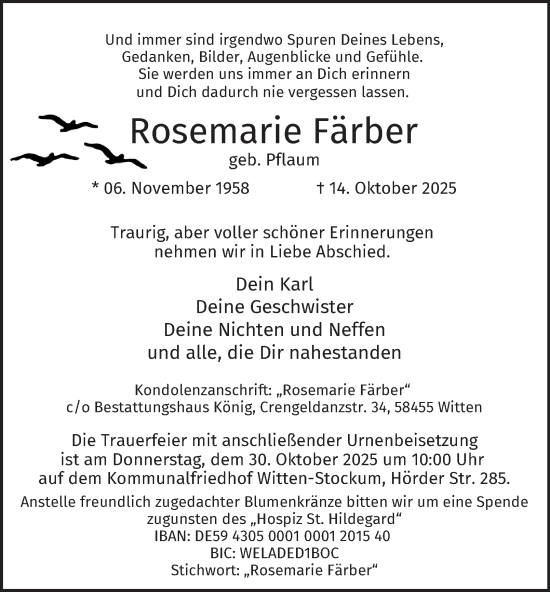 Traueranzeige von Rosemarie Färber von Tageszeitung