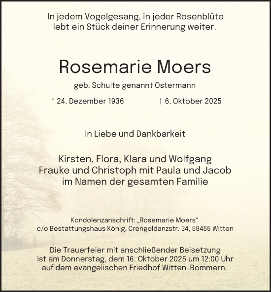 Traueranzeige von Rosemarie Moers von Tageszeitung