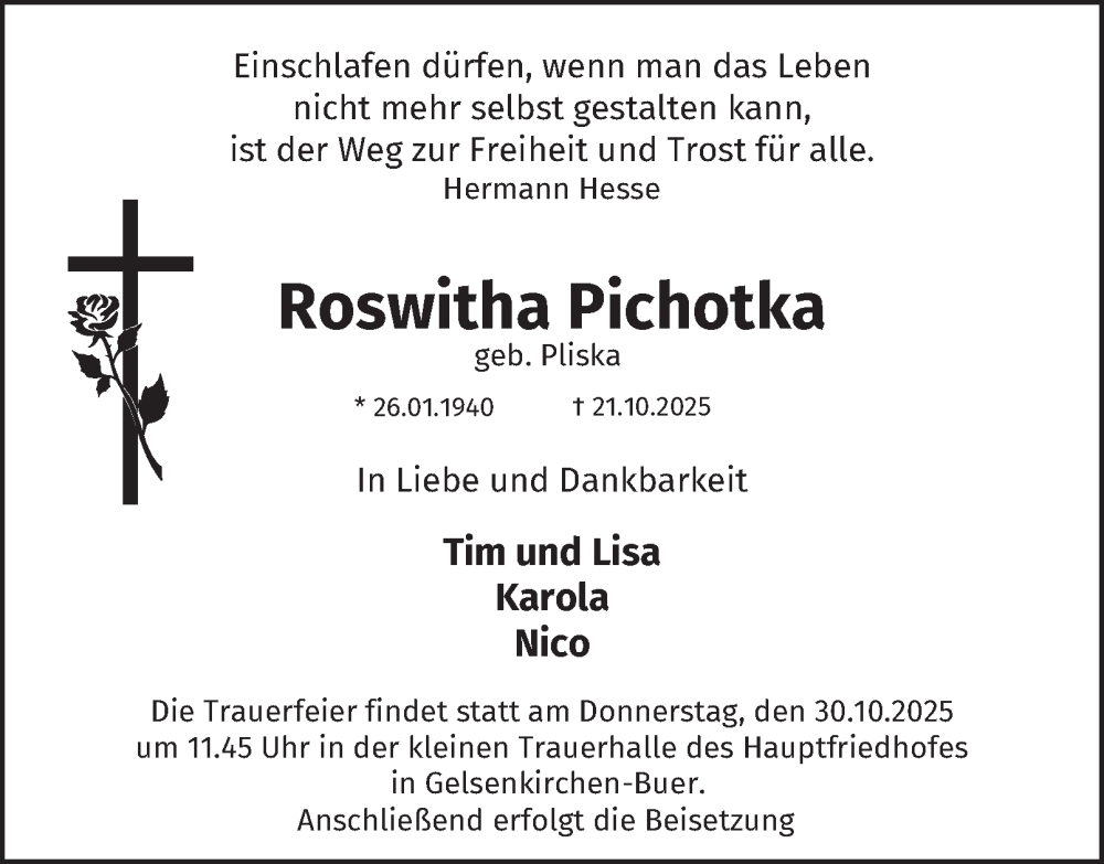  Traueranzeige für Roswitha Pichotka vom 25.10.2025 aus Tageszeitung