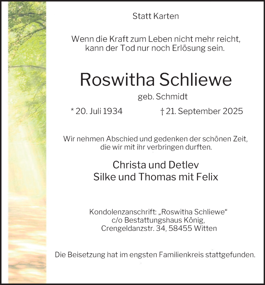  Traueranzeige für Roswitha Schliewe vom 04.10.2025 aus Tageszeitung