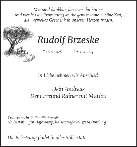 Traueranzeige von Rudolf Brzeske von Tageszeitung