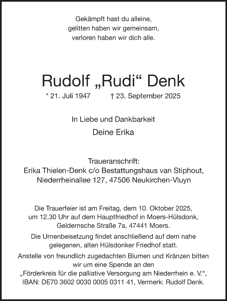  Traueranzeige für Rudolf Denk vom 04.10.2025 aus Tageszeitung