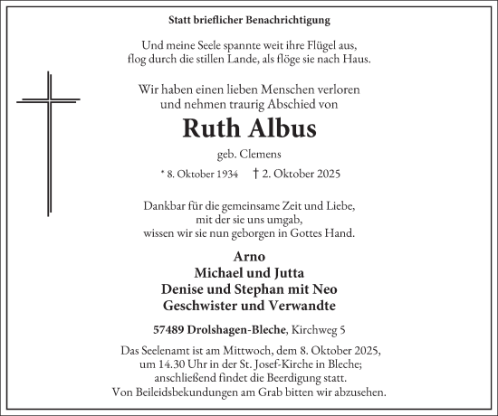 Traueranzeige von Ruth Albus von Tageszeitung