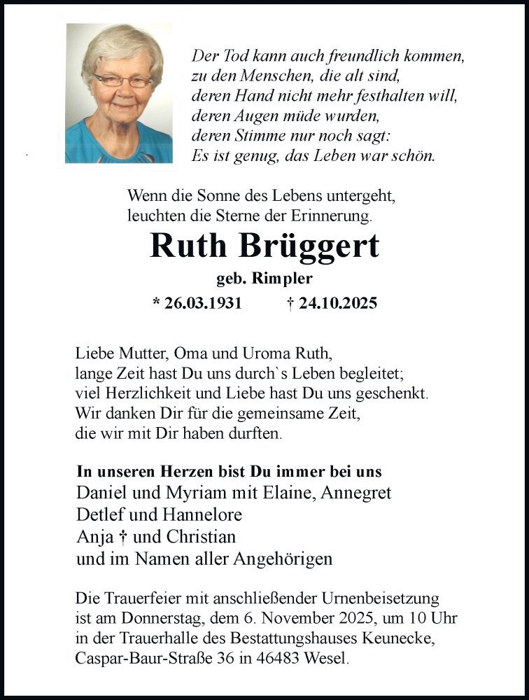  Traueranzeige für Ruth Brüggert vom 01.11.2025 aus Tageszeitung