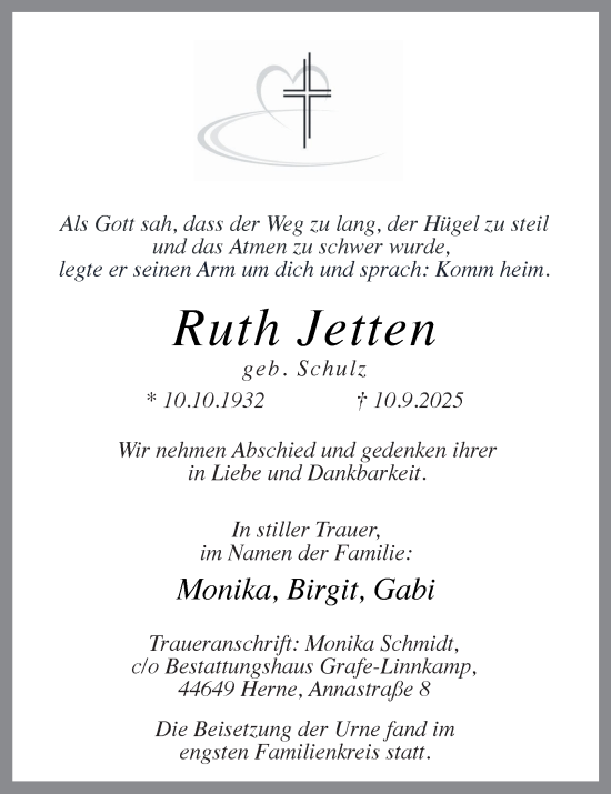 Traueranzeige von Ruth Jetten von Tageszeitung