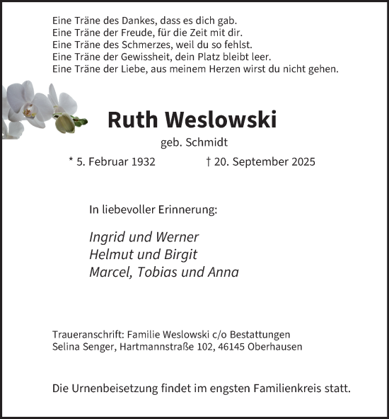 Traueranzeige von Ruth Weslowski von Tageszeitung