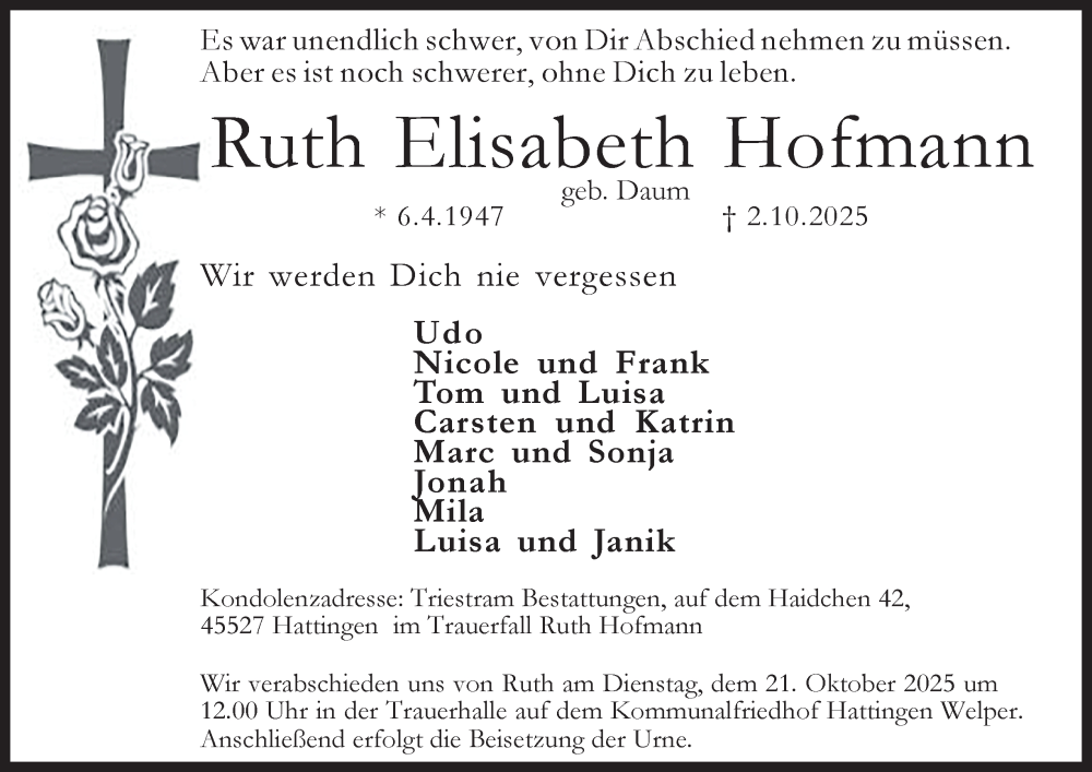  Traueranzeige für Ruth Elisabeth Hofmann vom 18.10.2025 aus Tageszeitung