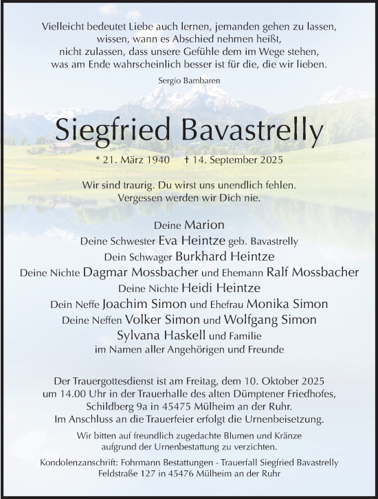Traueranzeige von Siegfried Bavastrelly von Tageszeitung