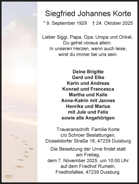 Traueranzeige von Siegfried Johannes Korte von Tageszeitung