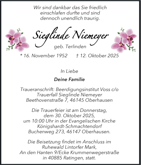 Traueranzeige von Sieglinde Niemeyer von Tageszeitung