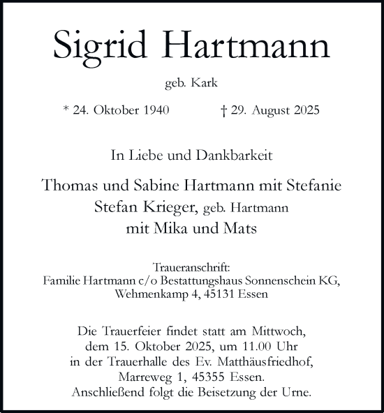 Traueranzeige von Sigrid Hartmann von Tageszeitung