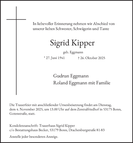 Traueranzeige von Sigrid Kipper von Tageszeitung