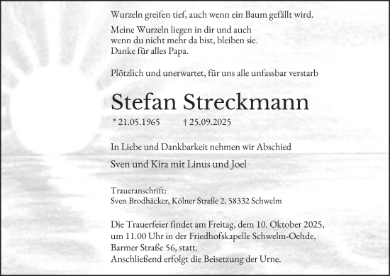 Traueranzeige von Stefan Streckmann von Tageszeitung
