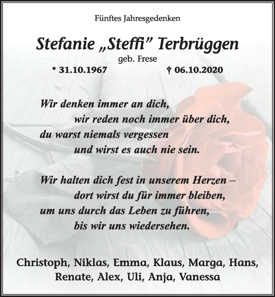  Traueranzeige für Stefanie Terbrüggen vom 06.10.2025 aus Tageszeitung