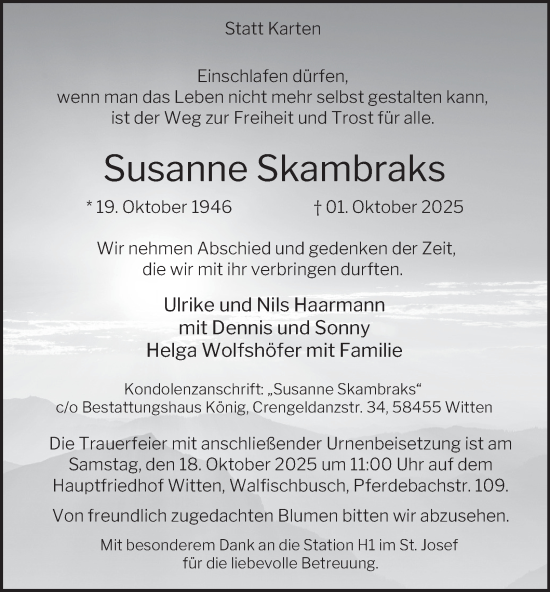 Traueranzeige von Susanne Skambraks von Tageszeitung