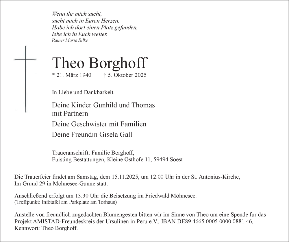  Traueranzeige für Theo Borghoff vom 31.10.2025 aus Tageszeitung