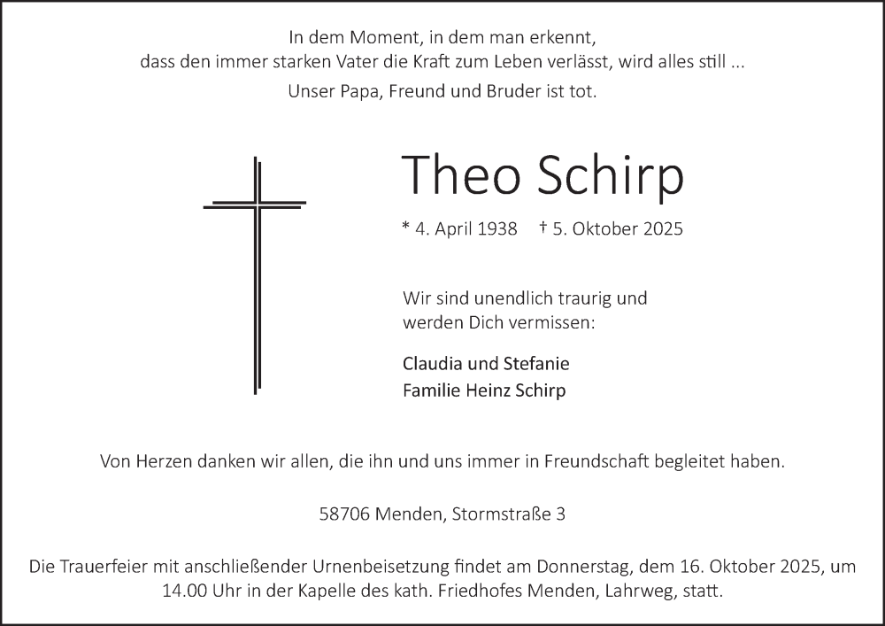  Traueranzeige für Theo Schirp vom 11.10.2025 aus Tageszeitung