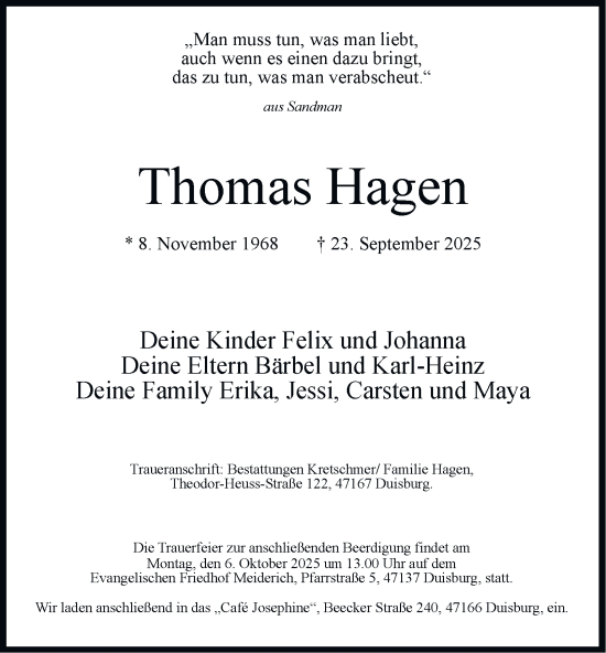 Traueranzeige von Thomas Hagen von Tageszeitung